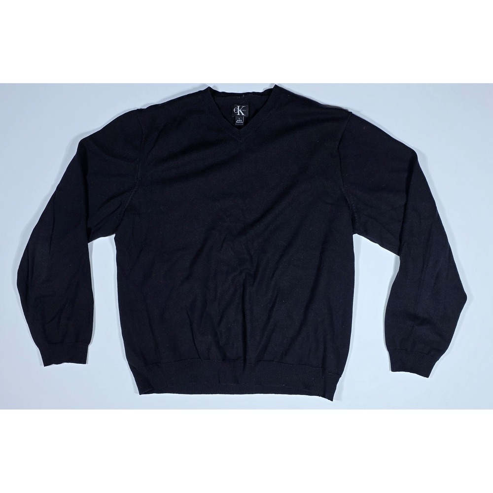 Calvin Klein Men's Black V-Neck Wool Cotton Blend Sweater L